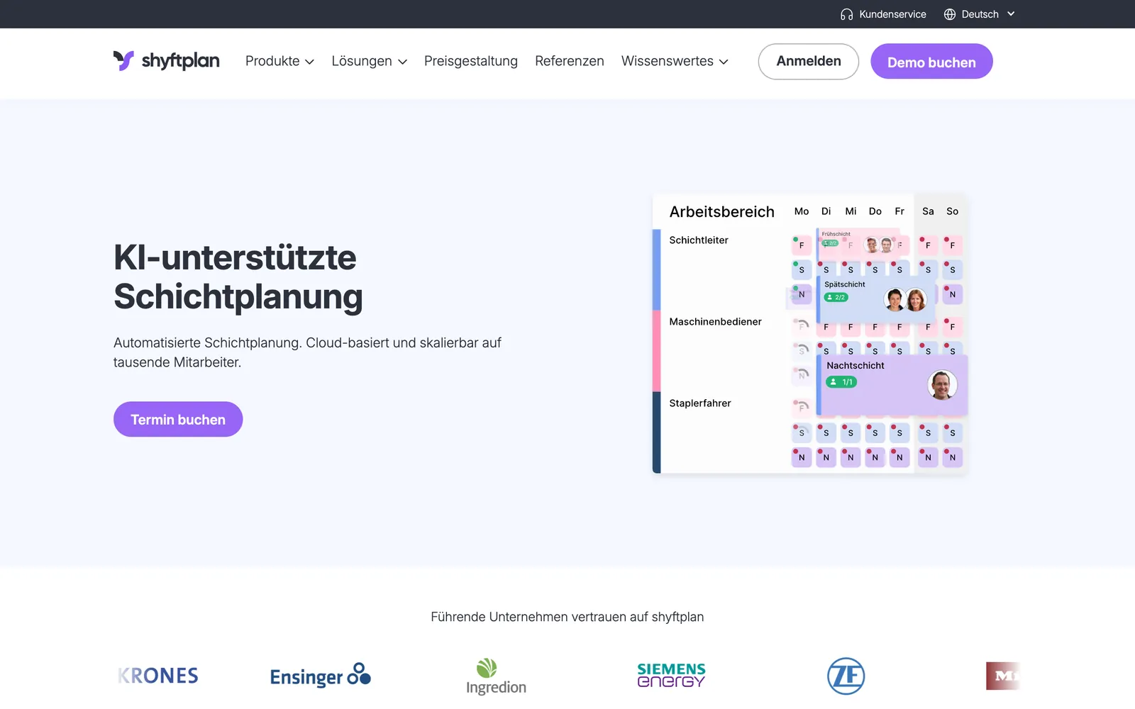 Screenshot der Startseite von shyftplan.com, aufgenommen im August 2026
